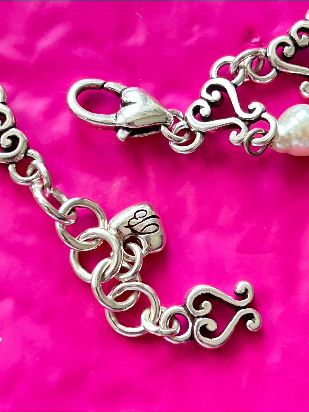 Brighton Vivaldi white glass baroque pearl beads,  scroll hearts bracelet
